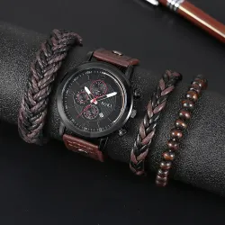 Men\\s Leather Rope Watch Calendar Sports Quartz Watch Bracelet Set