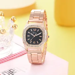 Classic Solid Color Stainless Steel Strap Inlaid Rhinestone Women\\s Watch