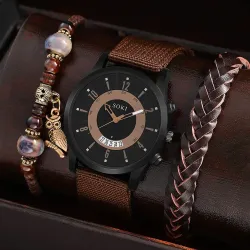 Casual Style Brown Woven Nylon Strap Calendar Men\\s Sports Quartz Watch Pendant Wristband