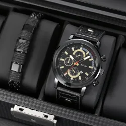 Fashion Casual Pu Strap With Calendar Quartz Watch Men\\s Watch Bracelet Set