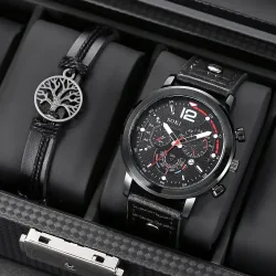 Men\\s Bracelet Watch Set Fashion Pu Strap Calendar Sports Quartz Watch