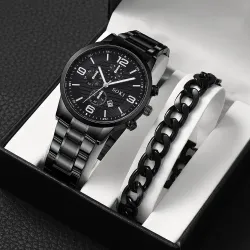 Men\\s Business Fashion Outdoor Three-Eye Watch Steel Belt Quartz Watch Chain Bracelet Set