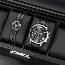 Men\\s Watch Fashion Casual Pu Strap Sports Quartz Watch Set With Calendar