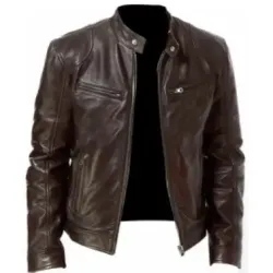 Men\'s Vintage Motorcycle Pocket Full Zip Leather Jacket