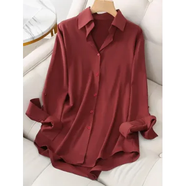 Lapel Single-breasted Solid Color Long-sleeved Blouse