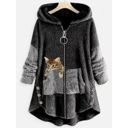 Loose Casual Cat Print Lamb Wool Cardigan Hooded Coat