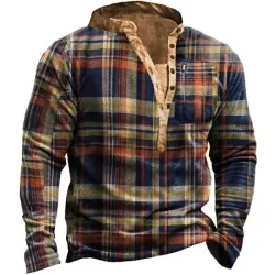 Men\'s Outdoor Retro Plaid Polar Fleece Henley Collar Sweatshirt