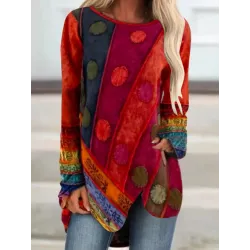 Vintage Ethnic Print Casual Long Sleeve T-shirt