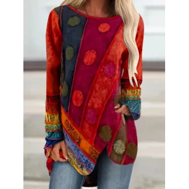 Vintage Ethnic Print Casual Long Sleeve T-shirt