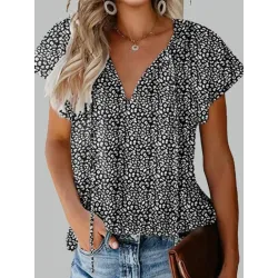 Floral Casual V-Neck Loose Short Sleeve Blouse