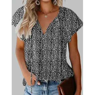 Floral Casual V-Neck Loose Short Sleeve Blouse