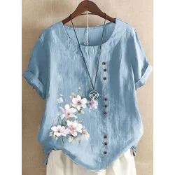 Round Neck Casual Loose Floral Print Short Sleeve Blouse