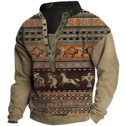 Men\'s Outdoor Vintage Western Aztec Henley Collar Sweatshirt