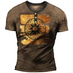 Brushed Gold Compass Rose Men\'s Vintage Nautical Henry Henley T-Shirt