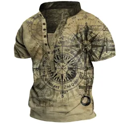 Men\'s Outdoor Vintage Nautical Compass Print Henley Shirt