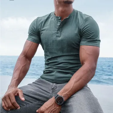 Men's Spring/Summer Henley Stretch Slim T-Shirt