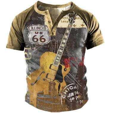 Men's Outdoor Vintage Route 66 Print Henley T-Shirt