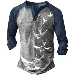 Men\'s Bird Print Henley Long Sleeve T-Shirt