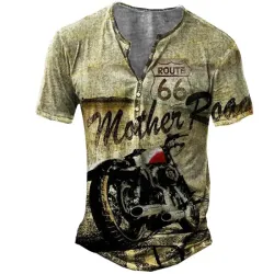 Men\'s Route 66 Motorcycle Print Henley Short Sleeve T-Shirt