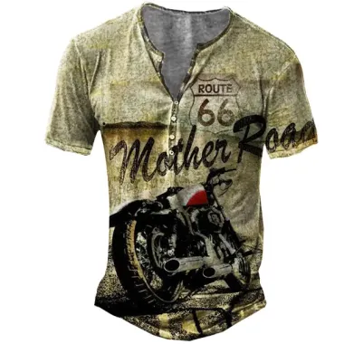 Men's Route 66 Motorcycle Print Henley Short Sleeve T-Shirt