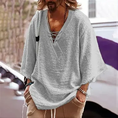 Men's Loose 3/4 Sleeve Lace-Up Linen Top