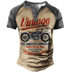 Plus Size Vintage Motorcycle Racing Men\'s Print Henley Short Sleeve T-Shirt