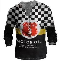 Race Car Can Vintage Motor Oil Men\'s Vintage Henley Long Sleeve T-Shirt