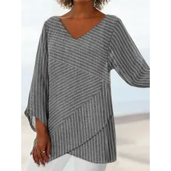 V-neck Casual Loose Striped Print Long Sleeve Blouse