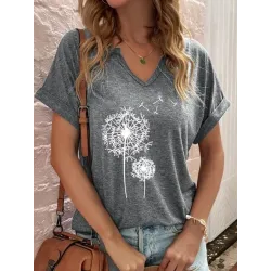 Casual Dandelion Print V Neck Short Sleeve T-Shirt