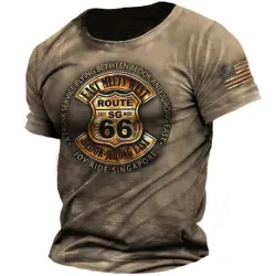 Vintage American Flag Route 66 Men\'s Outdoor Tactical Cotton T-Shirt