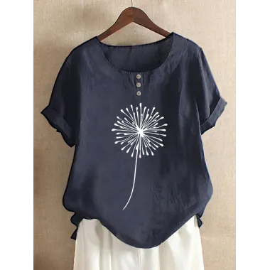 Casual Dandelion Print Button Crew Neck Short Sleeve Blouse