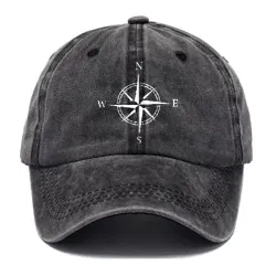 Men\'s Compass Print Washed Cotton Peaked Cap