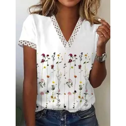 V-neck Cutout Loose Casual Floral Print Short Sleeve T-shirt