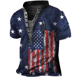 American Flag Print Men\'s Outdoor Zip Retro Tactical Henley Short Sleeve T-Shirt