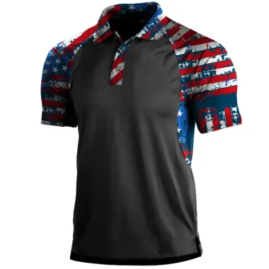 Men's American Flag Patchwork Print Polo Neck T-Shirt