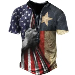 Vintage American Flag Men\'s Outdoor Henley Collar Short Sleeve T-Shirt