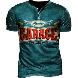 Garage Logo Vintage Print Men\'s Henley Short Sleeve T-Shirt