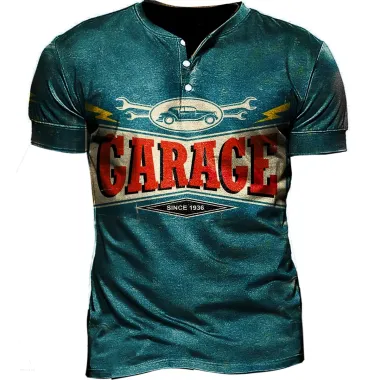 Garage Logo Vintage Print Men's Henley Short Sleeve T-Shirt