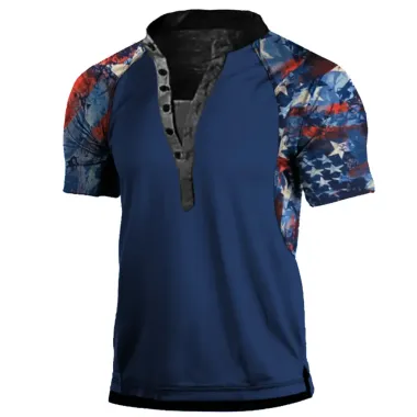 Men's American Flag Print Panel Henley Collar T-Shirt