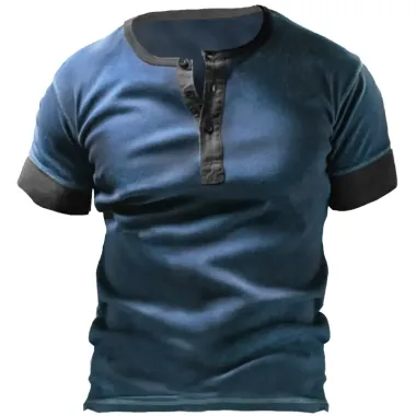 Men's Vintage Contrast Henley Collar Casual Short Sleeve T-Shirt