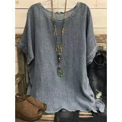 Round Neck Casual Loose Solid Color Linen Short-sleeved Blouse