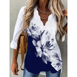 Casual Vintage Print V-Neck Long Sleeve Shirt