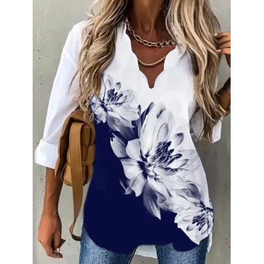 Casual Vintage Print V-Neck Long Sleeve Shirt