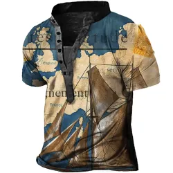 Men\'s Vintage Map Sailboat Print Henley T-Shirt