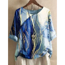 Round Neck Casual Loose Marble Print Short Sleeve Blouse