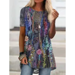 Round Neck Casual Loose Floral Print Short Sleeve T-shirt