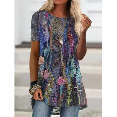 Round Neck Casual Loose Floral Print Short Sleeve T-shirt