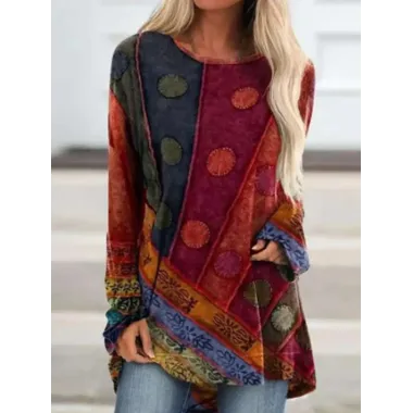 Casual Vintage Ethnic Print Crew Neck Long Sleeve T-Shirt