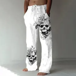 Men\'s Casual Loose Skull Print Cotton Linen Trousers