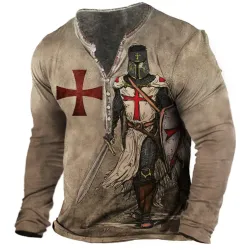 Men\'s Vintage Templar Cross Henley Long Sleeve Top